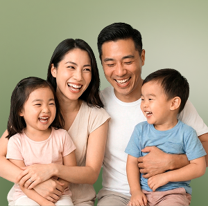 Smiling family with two young children